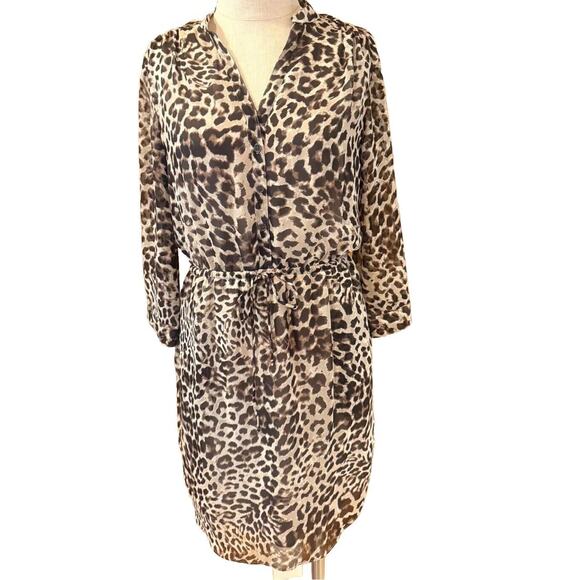 Vince Camuto Sheath Dress Women Size 6 Brown Animal Print Tie Waist Button Front - Picture 1 of 6